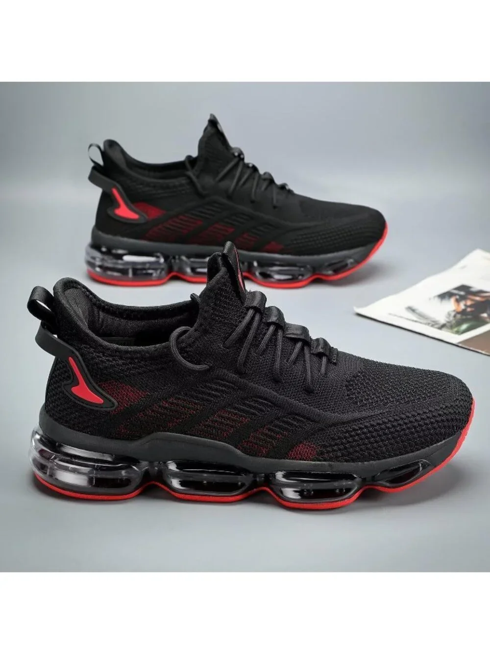 Men's Black Red Running Shoes Air Cushion Slip on Walking Tennis Sneakers